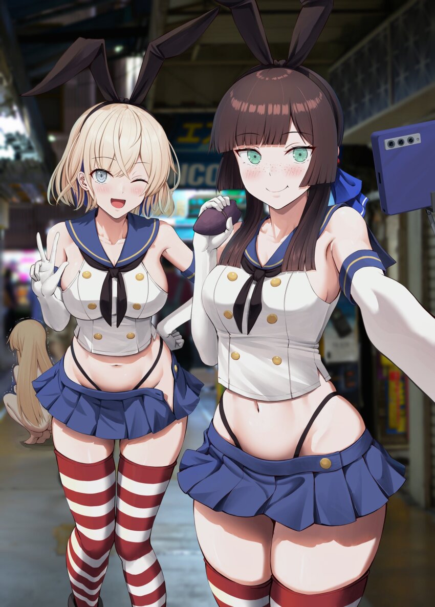 3girls animal_ears ass black_panties blonde_hair blue_skirt breasts brown_hair commentary_request completely_nude cosplay crop_top elbow_gloves fake_animal_ears food freckles gloire_(kancolle) gloves highleg highleg_panties highres holding holding_food ichikawa_feesu kantai_collection large_breasts long_hair looking_at_viewer medium_breasts microskirt mogador_(kancolle) multiple_girls nude one_eye_closed panties pleated_skirt sailor_collar selfie_stick shimakaze_(kancolle) shimakaze_(kancolle)_(cosplay) skirt smile squatting thighhighs unbuttoned underwear w when_you_see_it white_gloves