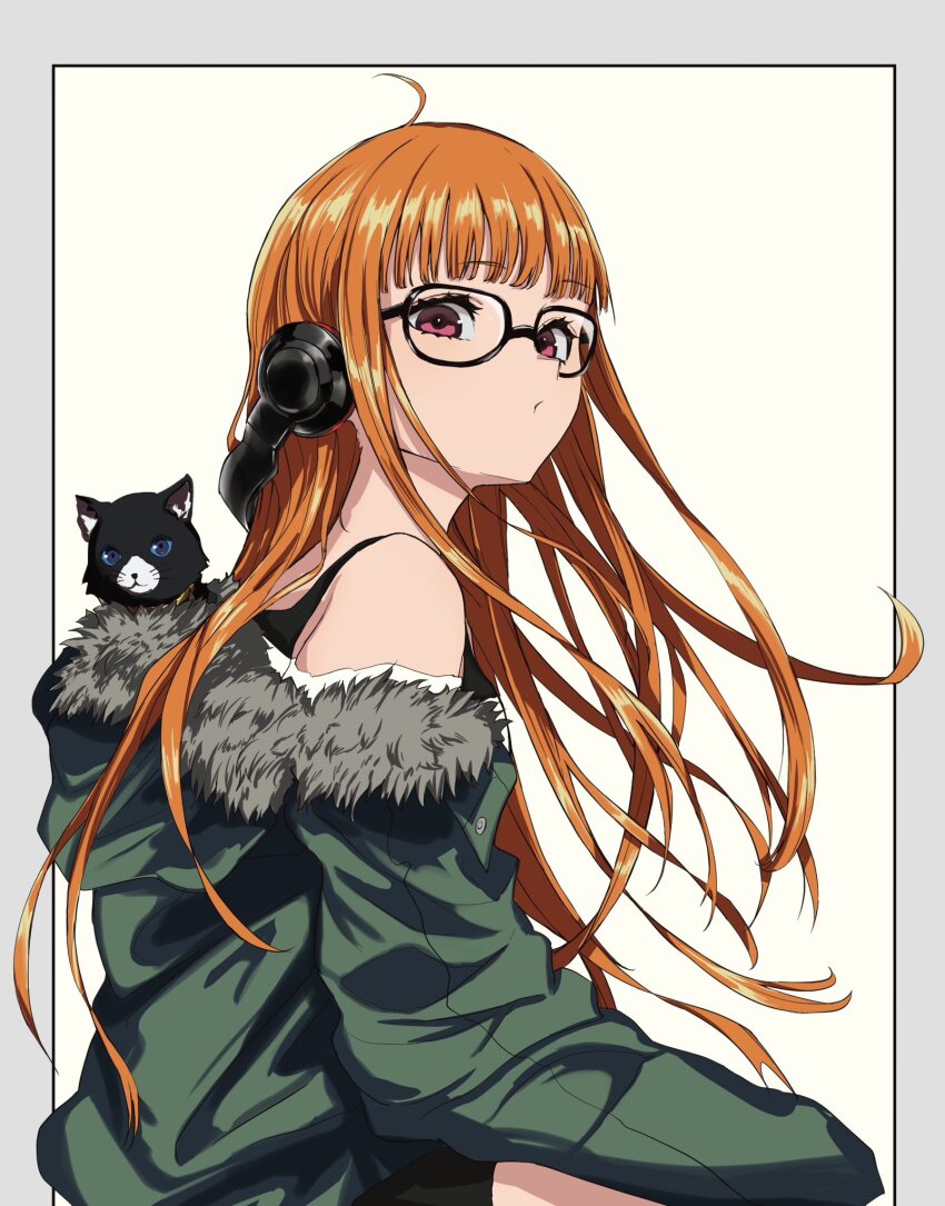 1girl :/ ahoge animal animal_in_clothes behind-the-head_headphones black-framed_eyewear black_cat blunt_bangs cat closed_mouth fur-trimmed_jacket fur_trim glasses green_jacket headphones highres hood hood_down hooded_jacket jacket long_hair looking_at_viewer off_shoulder orange_hair persona persona_5 purple_eyes s-m-53413 sakura_futaba simple_background very_long_hair white_background