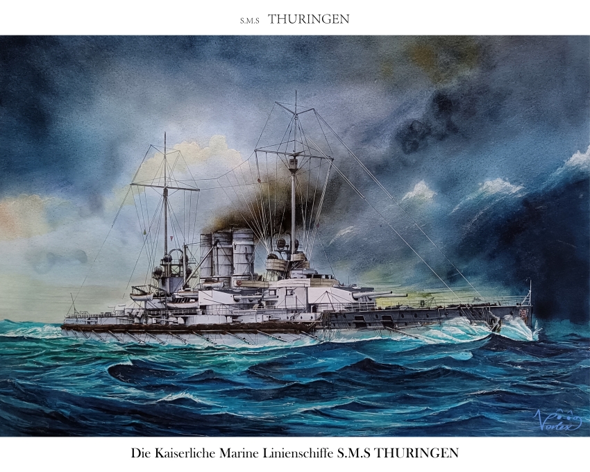 absurdres battleship cannon highres imperial_german_navy military_vehicle no_humans ocean oil_painting_(medium) original painting_(medium) ship ship_turret smoke smokestack sms_thueringen storm traditional_media vehicle_focus vortex_(xu_xuanwo) warship watercraft world_war_i