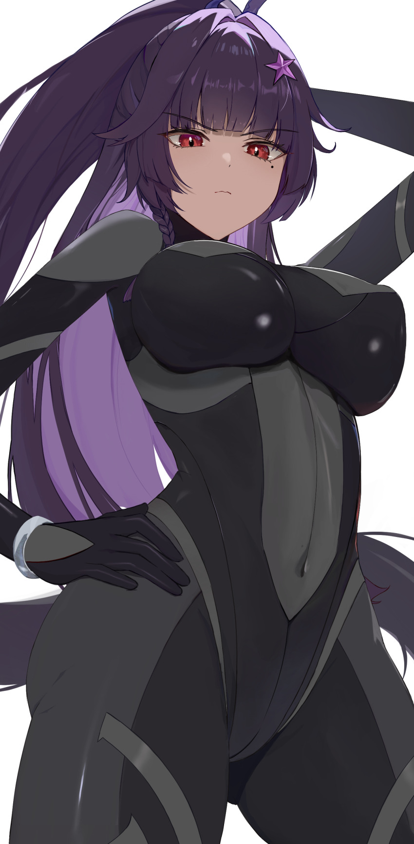 1girl absurdres arm_up black_bodysuit blunt_bangs bodysuit breasts closed_mouth commentary commission covered_navel hair_ornament hand_on_own_hip highres large_breasts long_hair mole mole_under_eye purple_hair red_eyes simple_background skin_tight solo star_(symbol) star_hair_ornament tatakau_ni_atai_suru tumugi_sunohara very_long_hair white_background yamaguchi_ryoko