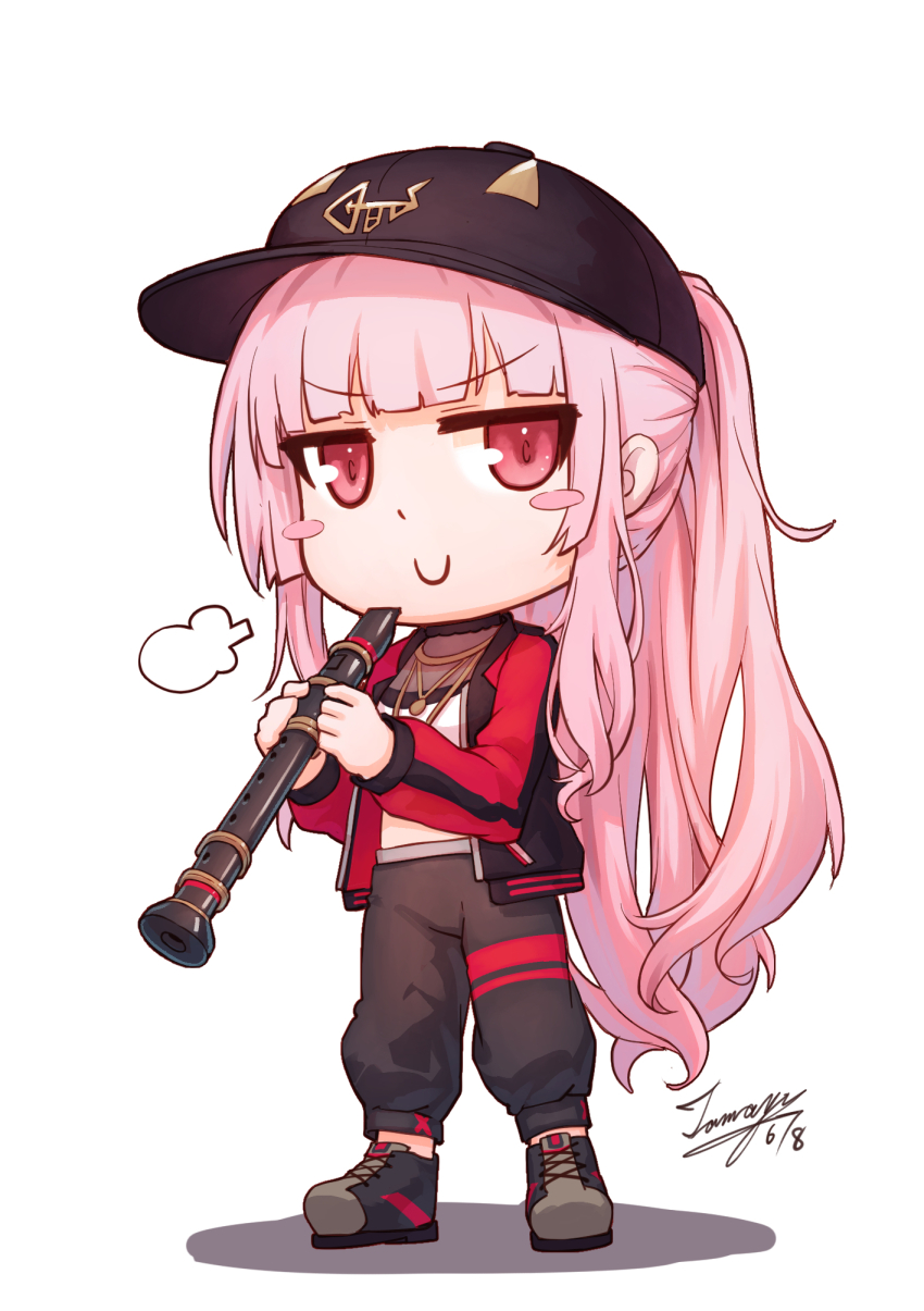 &gt;:) 1girl baseball_cap black_footwear black_hat black_jacket black_pants blunt_bangs blush_stickers chibi closed_mouth commentary_request crop_top dated flute full_body hat highres holding holding_instrument hololive hololive_english instrument jacket long_hair looking_at_viewer mori_calliope open_clothes open_jacket pants pink_hair ponytail red_eyes shadow shirt shoes signature smile smug solo standing tama_yu v-shaped_eyebrows very_long_hair virtual_youtuber white_background white_shirt