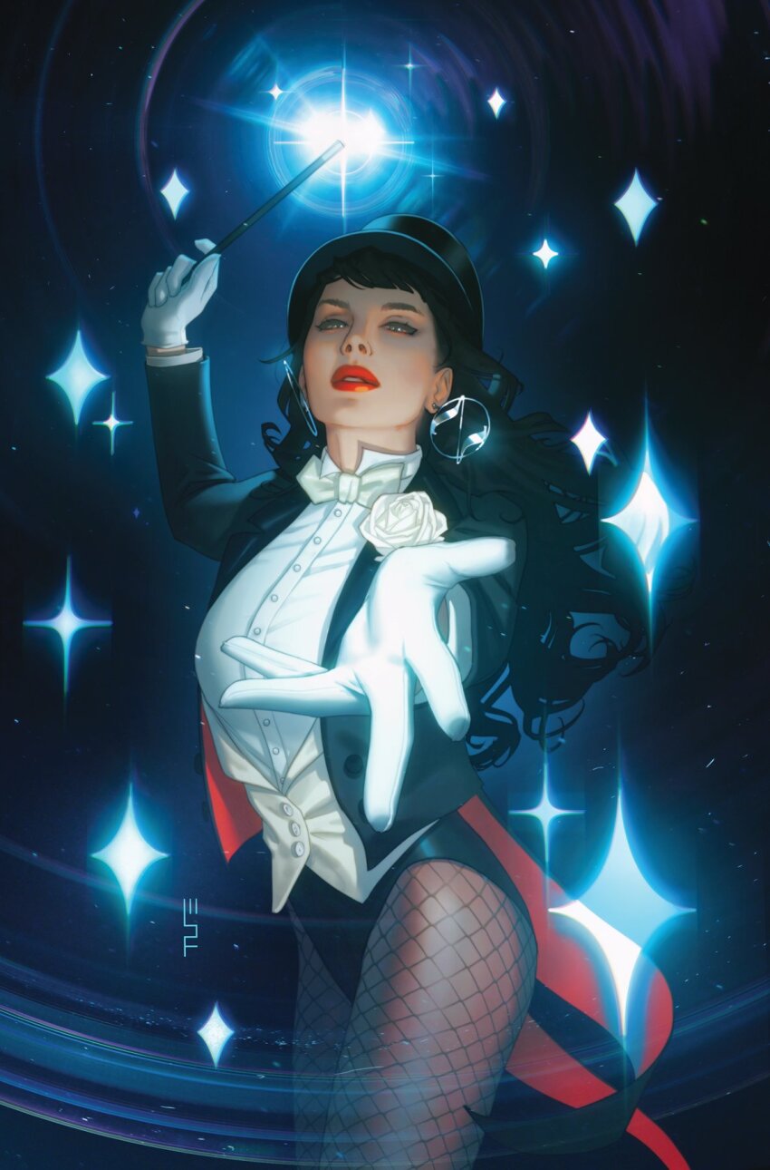 1girl black_hair black_hat black_jacket black_leotard bow collared_shirt comic_cover commentary dc_comics earrings english_commentary fishnet_pantyhose fishnets gloves green_eyes hat highres holding holding_wand jacket jewelry leotard long_hair looking_at_viewer magician official_art open_clothes open_jacket pantyhose red_lips scott_forbes shirt solo sparkle textless_version top_hat vest wand white_bow white_gloves white_shirt white_vest zatanna_zatara