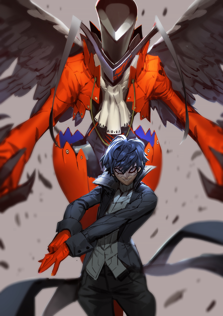 10s absurdres amamiya_ren arsene_(persona_5) black_jacket ascot feathered_wings feathers gloves hat highres jacket jojaow looking_at_viewer mask persona persona_5 red_gloves smile top_hat wings