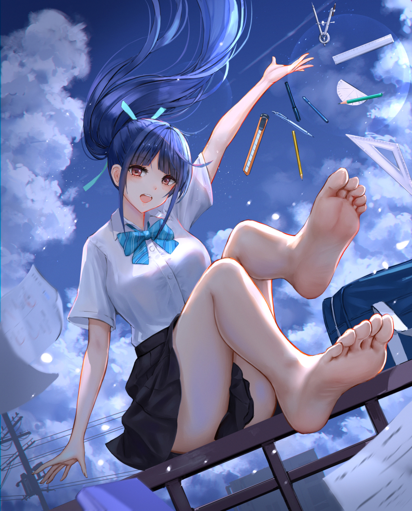 1girl arm_up bare_legs barefoot black_skirt blue_hair breasts dark_blue_hair feet hair_ribbon highres large_breasts long_hair looking_at_viewer megami_no_cafe_terrace necktie open_mouth red_eyes ribbon school_uniform shirt skirt smile soles tsuruga_ami white_shirt yuzuriha_(atelier_liang)