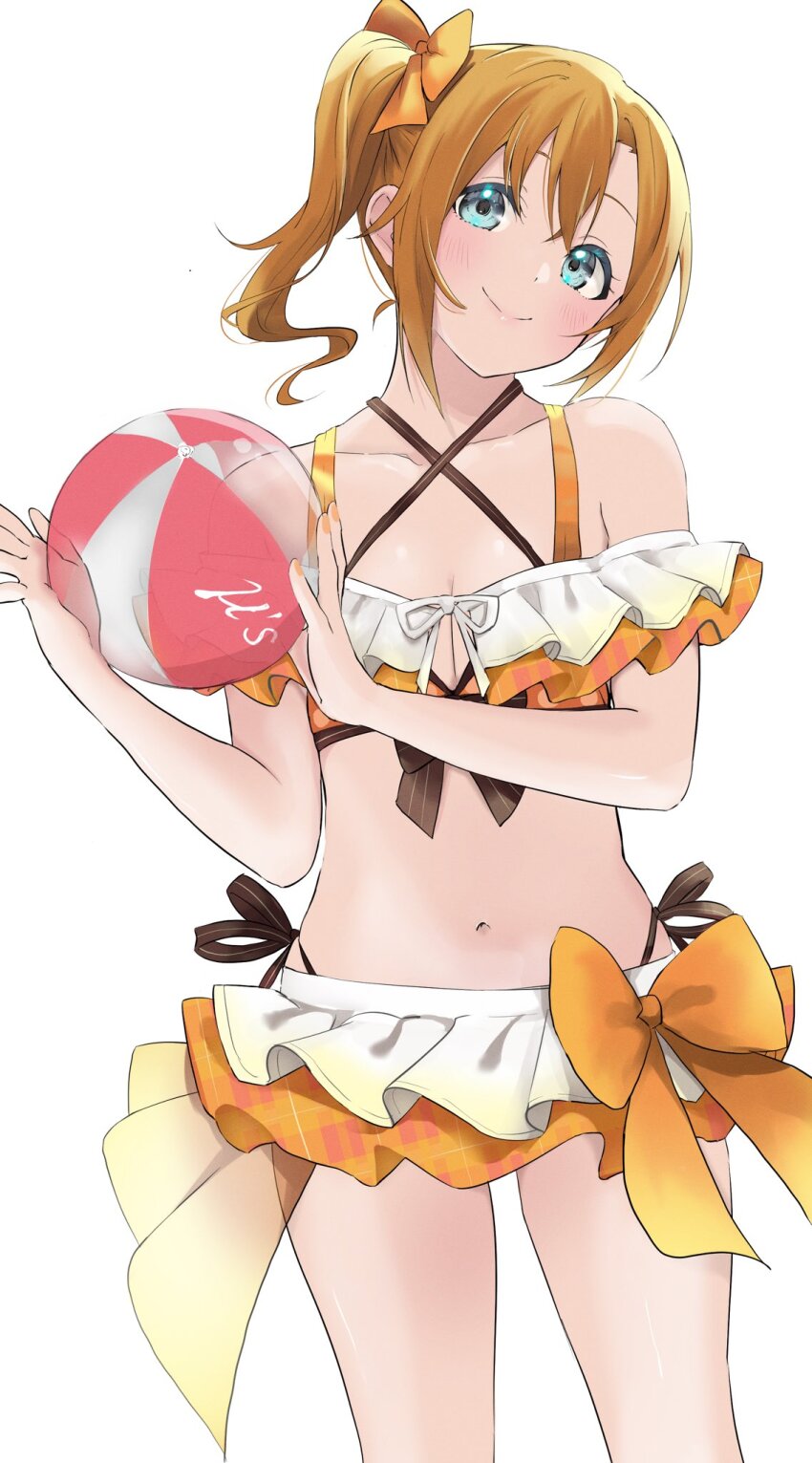 1girl ball beachball bikini birthday blue_eyes breasts cleavage collarbone commentary hanamaruyama628 highres holding holding_ball holding_beachball kosaka_honoka looking_at_viewer love_live! love_live!_school_idol_project orange_hair side_ponytail small_breasts solo swimsuit upper_body white_background