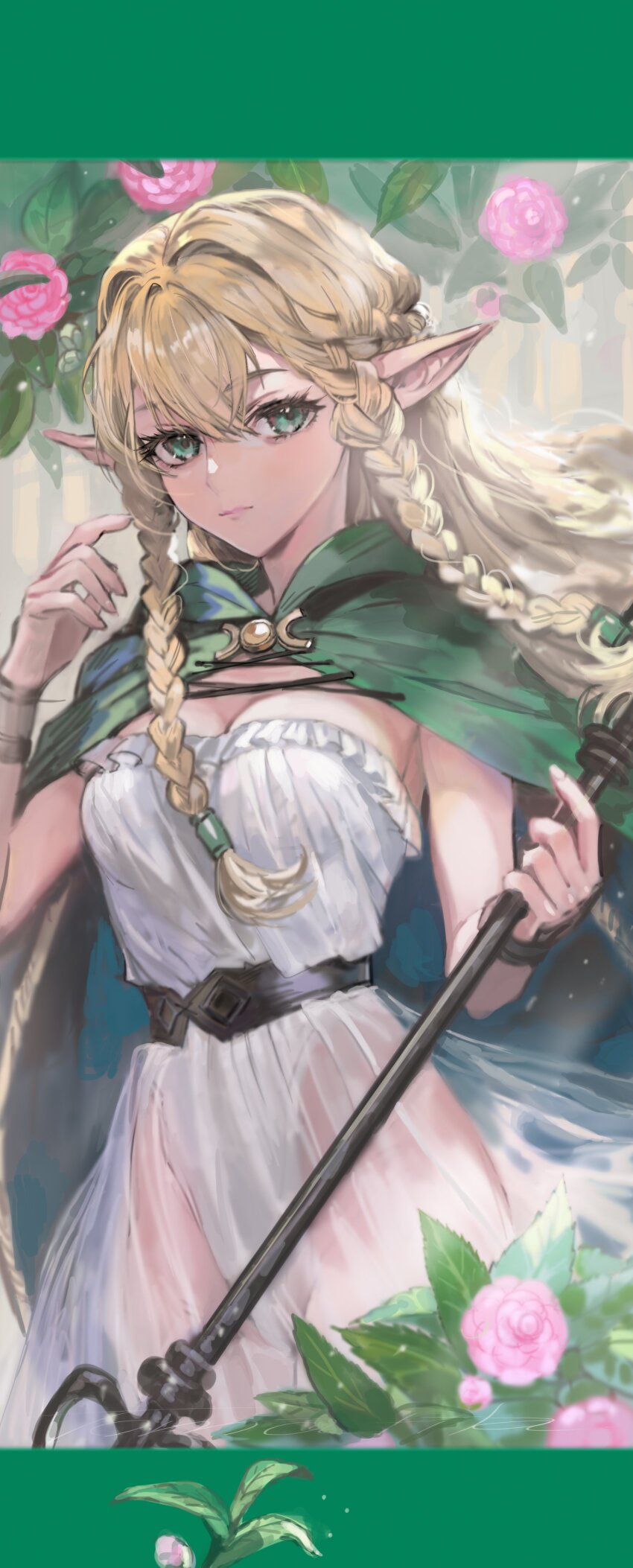 1girl absurdres belt blonde_hair braid breasts brown_belt cape cleavage closed_mouth commentary_request elf eltolinde_(unicorn_overlord) floating_hair green_cape green_eyes highres holding holding_weapon leotard leotard_under_clothes long_hair looking_at_viewer medium_breasts pointy_ears polearm see-through_clothes see-through_skirt skirt solo spear tomatika twin_braids unicorn_overlord weapon