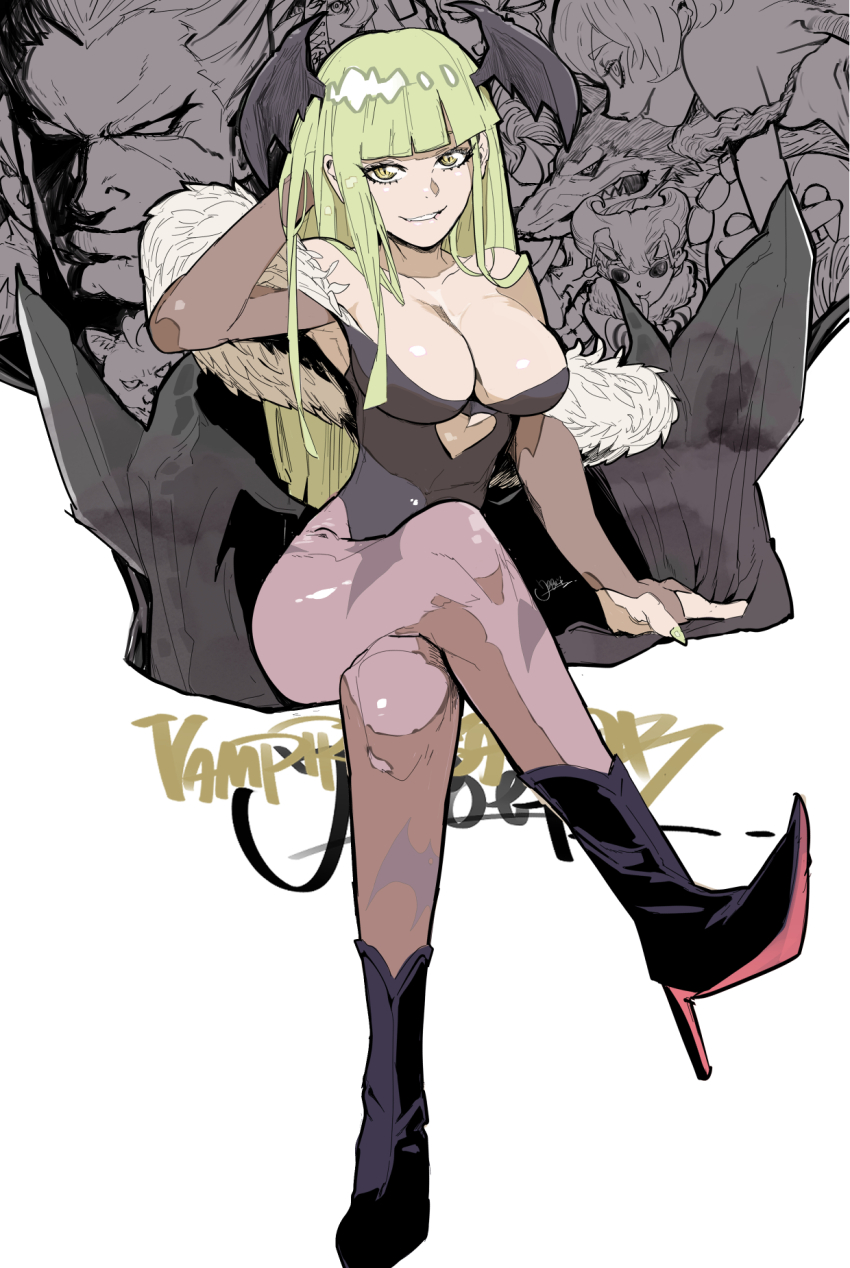 1girl bare_shoulders biting_own_lip black_footwear black_leotard black_wings boots breasts bridal_gauntlets character_request cleavage clothing_cutout copyright_name crossed_legs cutout_above_navel darkstalkers demitri_maximoff demon_girl demon_wings full_body green_eyes head_wings heart_cutout high_heel_boots high_heels highres invisible_chair jinbei large_breasts leotard lilith_(darkstalkers) long_hair morrigan_aensland pantyhose print_pantyhose purple_pantyhose q-bee sitting solo_focus white_background wings