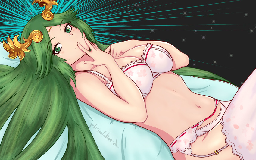 1girl bed bra breasts cleavage garter_straps green_eyes green_hair hand_on_own_face highres kid_icarus large_breasts long_hair looking_at_viewer lying navel nintendo palutena panties pksoldierx smile solo underwear white_bra white_panties