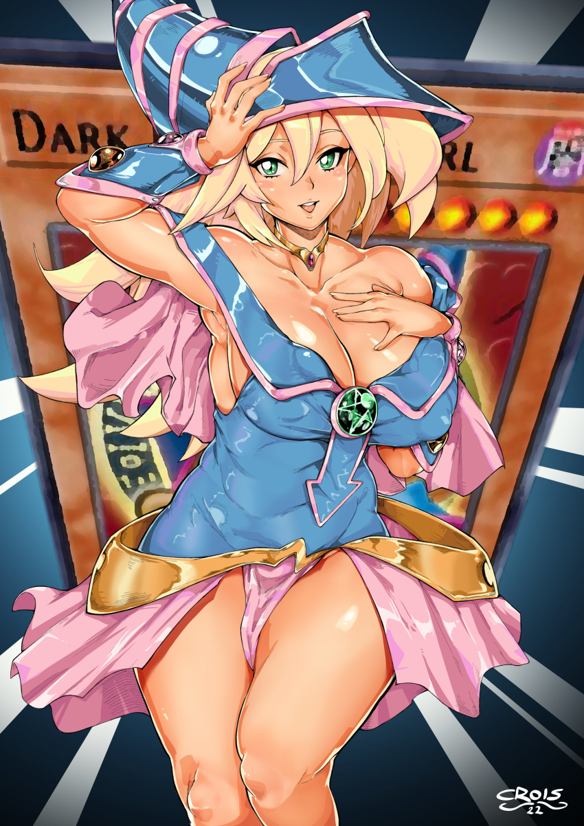 1girl absurdres arm_up blonde_hair blue_dress blue_headwear blush_stickers breasts cleavage crois dark_magician_girl dress green_eyes hair_between_eyes hat highres jewelry large_breasts long_hair looking_at_viewer neck_ring off-shoulder_dress off_shoulder parted_lips pentagram pink_trim short_dress wizard_hat yu-gi-oh!