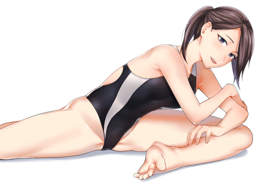 1girl :d bad_id bad_pixiv_id bare_shoulders barefoot breasts brown_hair competition_swimsuit feet kyuuso_inukami long_hair looking_at_viewer one-piece_swimsuit open_mouth original ponytail purple_eyes sitting smile soles solo spread_legs stretched_limb swimsuit teeth toes