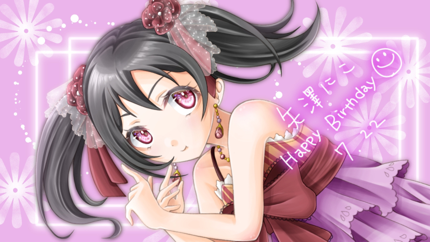 1girl artist_name artist_request bakka_moon bare_shoulders black_hair blush bow breasts collarbone dress earrings female_focus flower frilled_dress frills hair_bow hair_flower hair_ornament jewelry looking_at_viewer love_live! love_live!_school_idol_festival love_live!_school_idol_project necklace parted_lips purple_skirt red_bow red_dress red_eyes red_flower short_hair skirt small_breasts smile solo twintails yazawa_nico