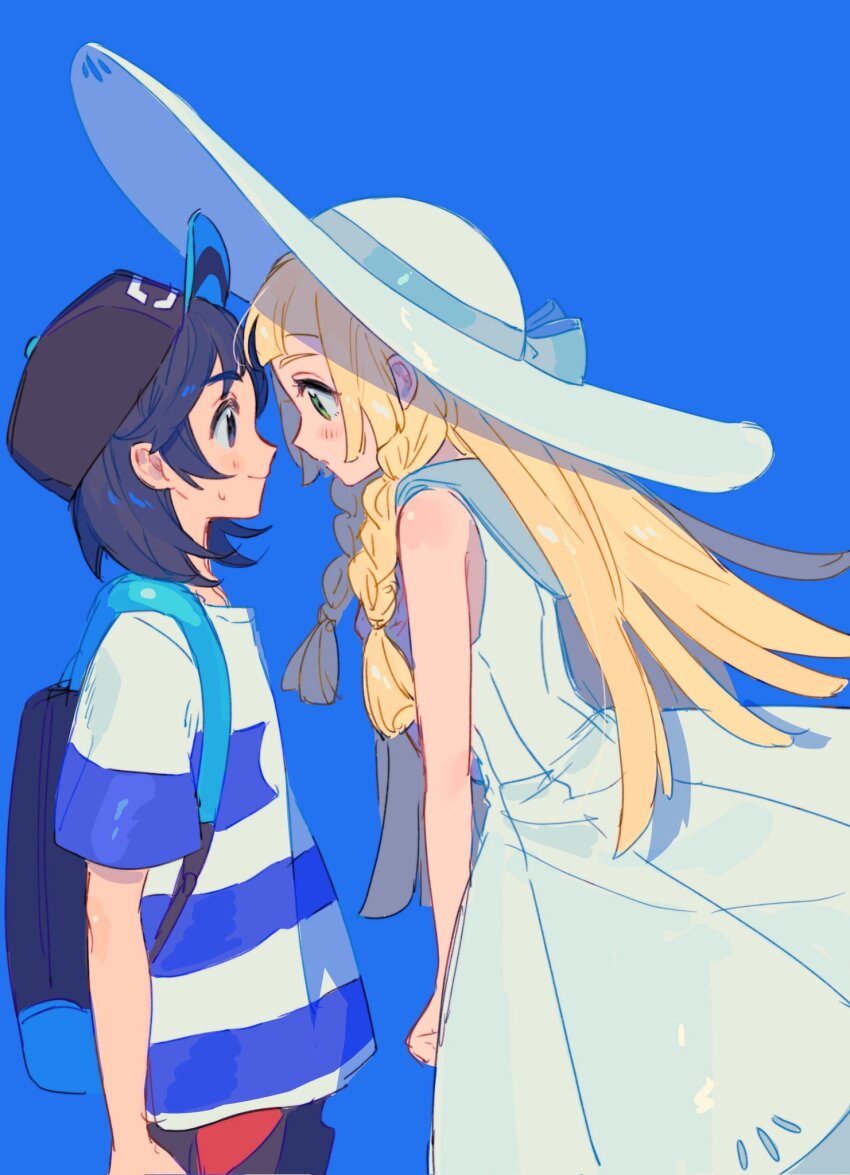 1boy 1girl backpack bag baseball_cap black_hat blonde_hair blue_background blue_eyes blue_hair blush braid creatures_(company) dress elio_(pokemon) fua1heyvot4ifsr game_freak hat highres lillie_(pokemon) long_hair looking_at_another multicolored_shirt nintendo pokemon pokemon_sm shirt simple_background striped_clothes striped_shirt sun_hat upper_body white_dress white_hat