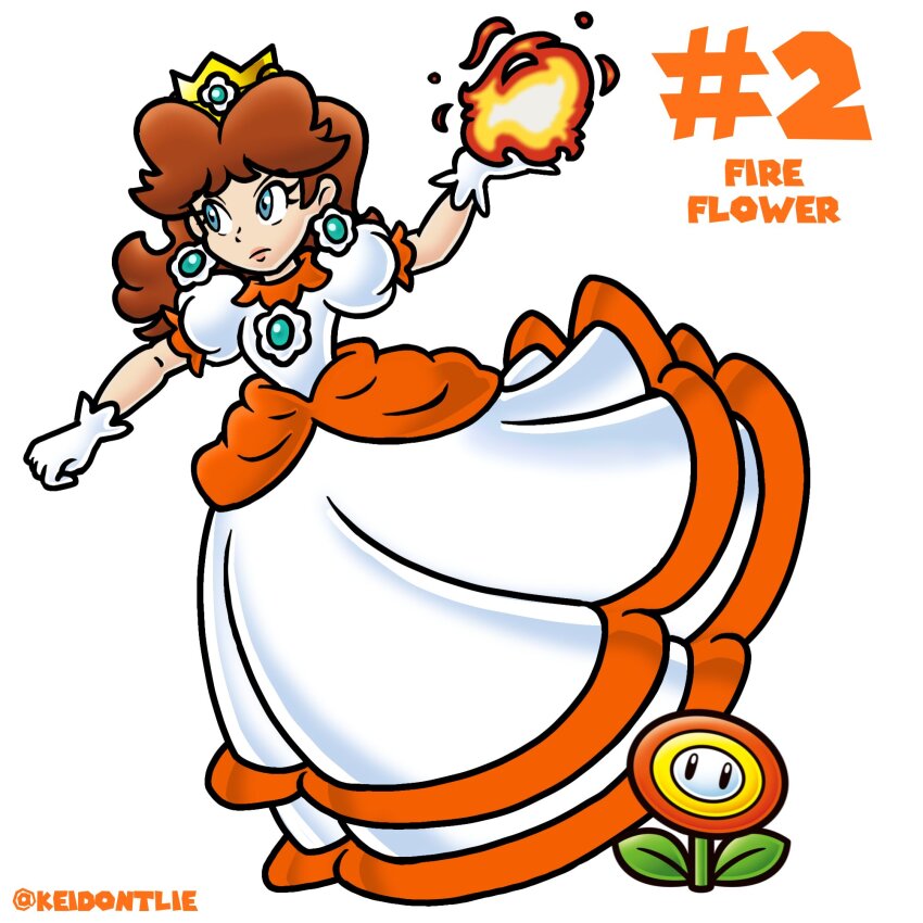 1girl artist_name blue_eyes brown_hair crown dress earrings english_text fire_daisy fire_flower fireball flower_earrings gloves highres jewelry keidontlie long_dress looking_to_the_side mario_(series) medium_hair nakaue_shigehisa_(style) nintendo official_alternate_costume orange_dress princess_daisy puffy_short_sleeves puffy_sleeves short_sleeves simple_background solo super_mario_bros._wonder twitter_username two-tone_dress white_background white_dress white_gloves