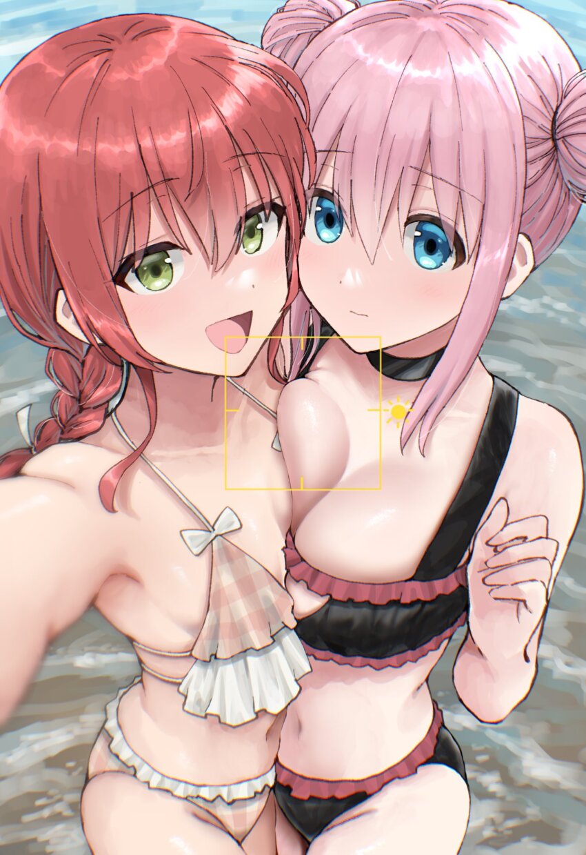 2girls :d asymmetrical_docking bikini black_bikini blue_eyes bocchi_the_rock! braid breast_press breasts closed_mouth double_bun expressionless frilled_bikini frills gotoh_hitori green_eyes hair_bun highres kita_ikuyo large_breasts multiple_girls open_mouth pink_hair plaid_bikini plaid_clothes red_hair selfie small_breasts smile swimsuit tsukumo_momo viewfinder water