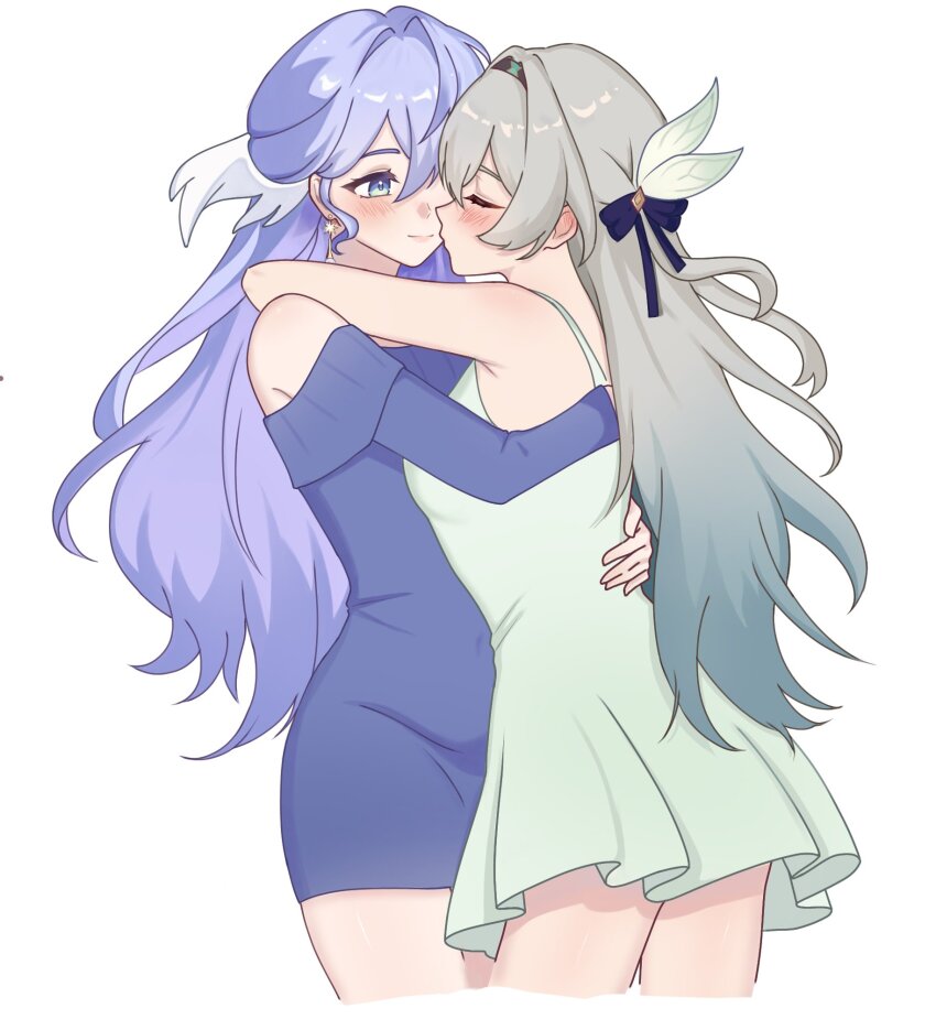 2girls aqua_eyes avenchurinkissr black_hairband blush closed_eyes commentary cropped_legs dress earrings firefly_(honkai:_star_rail) gradient_hair grey_dress grey_hair hairband hashtag-only_commentary head_wings highres honkai:_star_rail honkai_(series) hug jewelry long_hair long_sleeves multicolored_hair multiple_girls off-shoulder_dress off_shoulder pencil_dress puckered_lips purple_dress purple_hair robin_(honkai:_star_rail) short_dress simple_background sleeveless sleeveless_dress two-tone_hair very_long_hair white_background white_wings wings yuri