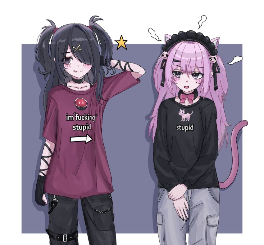 2girls :o ame-chan_(needy_girl_overdose) animal_ears black_choker black_eyes black_gloves black_hair black_headdress black_nails black_pants black_shirt blush cat_ears cat_girl cat_tail choker clothes_writing emoji gloves grey_pants hair_ornament hair_over_one_eye long_hair multiple_girls nail_polish needy_girl_overdose pants personification pien_cat_(needy_girl_overdose) pink_hair pleading_face_emoji red_shirt shirt t-shirt tail tongue tongue_out two_side_up x_hair_ornament yuriyalloween