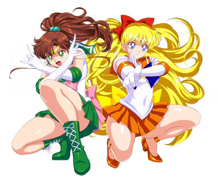 2girls aino_minako back_bow bishoujo_senshi_sailor_moon blonde_hair blue_eyes boots bow bowtie brown_hair choker circlet covered_navel crescent_beam cross-laced_footwear elbow_gloves floating_hair full_body gloves green_eyes green_footwear green_sailor_collar green_skirt hair_bobbles hair_ornament high_heels highres kino_makoto legs long_hair miniskirt multiple_girls open_mouth orange_choker orange_hair orange_sailor_collar orange_skirt pink_bow pirochi pleated_skirt pointing pointing_at_viewer ponytail pump red_bow red_bowtie sailor_collar sailor_collar_lift sailor_jupiter sailor_senshi sailor_senshi_uniform sailor_venus shiny_skin shirt simple_background skirt sleeveless sleeveless_shirt squatting very_long_hair white_background white_gloves white_shirt