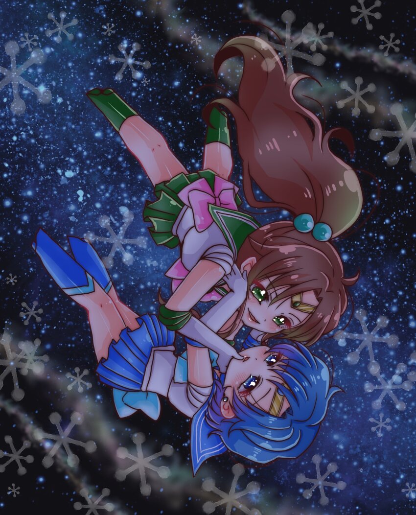 2girls bishoujo_senshi_sailor_moon blue_eyes blue_hair blue_sailor_collar brown_hair chibi choker earrings flower_earrings gem green_choker green_eyes green_gemstone green_sailor_collar hair_bobbles hair_ornament highres jewelry kino_makoto mizuno_ami multiple_girls ponytail sailor_collar sailor_jupiter sailor_mercury short_hair stud_earrings supernova24_24