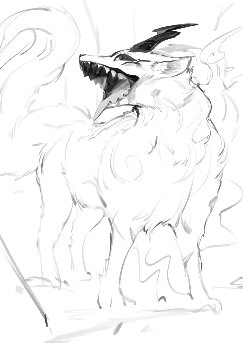 3gs animal_ear_fluff colored_sclera creature facial_mark fluffy full_body greyscale highres looking_to_the_side monochrome open_mouth original sharp_teeth sketch standing teeth tongue tongue_out