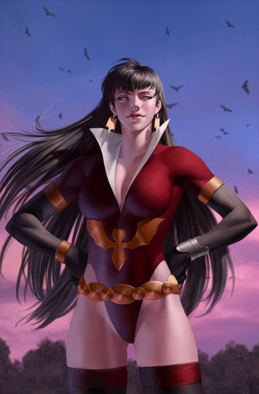 1girl alternate_costume bat_earrings belt black_gloves black_hair blue_sky boots breasts collar earrings elbow_gloves gloves grey_eyes hands_on_own_hips highres jewelry large_breasts leotard long_hair looking_at_viewer outdoors pink_sky red_leotard sky solo sunset thigh_boots vampirella vampirella_(character) white_collar yoon_junggeun