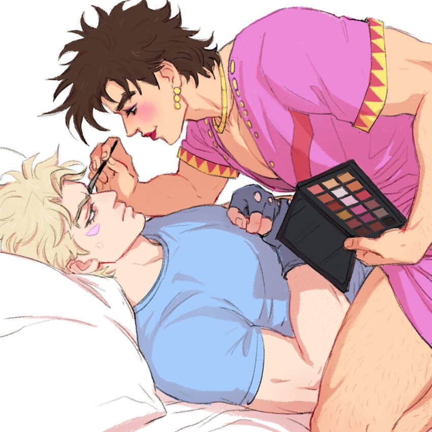 2boys applying_makeup battle_tendency blonde_hair blue_shirt blush brown_hair caesar_anthonio_zeppeli donlemefo facial_mark fingerless_gloves gloves highres holding_makeup_brush jewelry jojo_no_kimyou_na_bouken joseph_joestar joseph_joestar_(tequila) joseph_joestar_(young) leg_hair lesbians_doing_makeup_(meme) lipstick makeup makeup_brush makeup_palette male_focus meme multiple_boys necklace pectoral_cleavage pectorals pillow shirt white_background yaoi