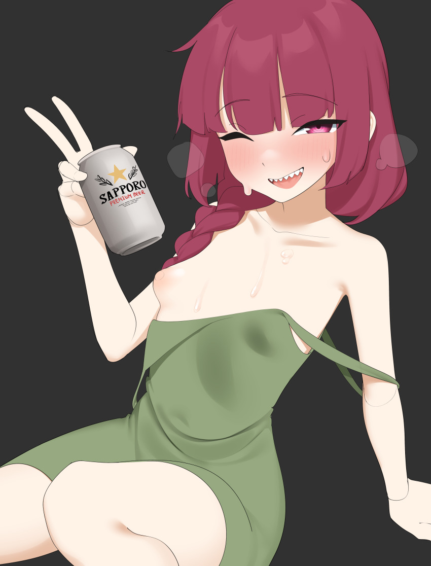 1girl absurdres arm_support beer_can bocchi_the_rock! breasts can clothes_pull dress dress_pull drink_can green_dress hand_up highres hiroi_kikuri holding holding_can kijikoru long_hair looking_at_viewer nipples one_breast_out one_eye_closed open_mouth red_eyes red_hair simple_background sitting small_breasts smile solo sweat