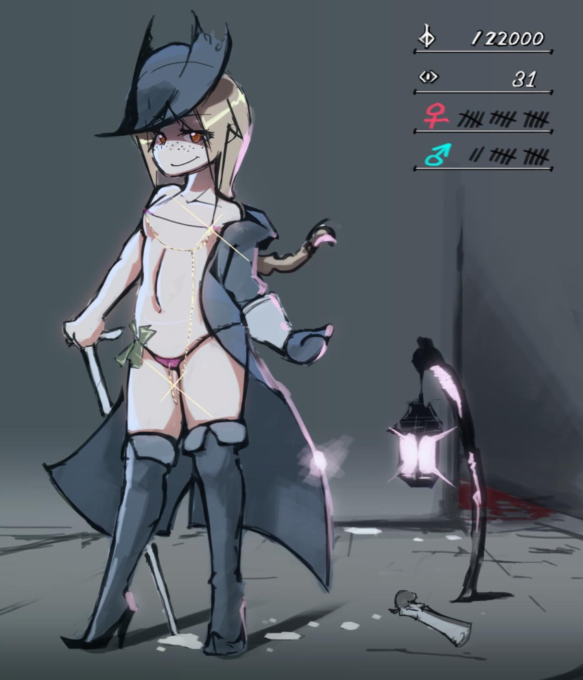 1girl bad_id bad_pixiv_id bikini blood bloodborne boots brown_hair chain clitoris_piercing female_focus flat_chest freckles gameplay_mechanics gray_bear hat high_heels highres linked_piercing long_coat micro_bikini money nipple_piercing off_shoulder over-kneehighs piercing prostitution pussy_piercing red_eyes short_hair solo suggestive_fluid swimsuit tally thigh_boots thighhighs tucked_money