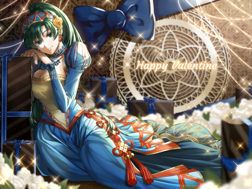 1girl alternate_costume blue_dress bow box breasts cleavage delsaber dress fire_emblem fire_emblem_heroes gift gift_box green_eyes green_hair hair_ornament highres large_breasts long_hair looking_at_viewer lyn_(fire_emblem) lyn_(wind&#039;s_embrace)_(fire_emblem) nintendo ponytail side-tie_dress smile valentine