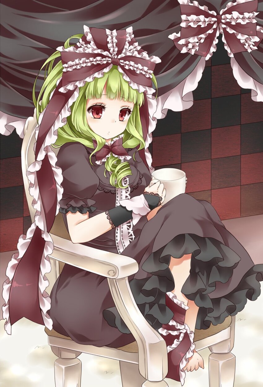 1girl blunt_bangs bow chair cup dress frilled_bow frilled_dress frilled_ribbon frills front_ponytail green_hair hair_bow hair_ribbon highres kagiyama_hina lolita_fashion long_ribbon on_chair red_bow red_eyes red_ribbon ribbon sitting solo tamichan teacup touhou