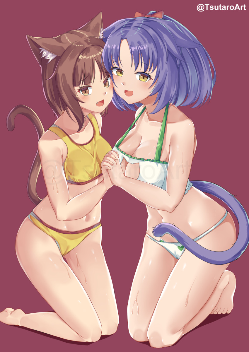 2girls :d animal_ear_fluff animal_ears asymmetrical_docking azuki_(nekopara) bare_arms bare_legs barefoot bikini blunt_bangs blush bow breast_press breasts brown_eyes brown_hair cameltoe cat_cutout cat_ears cat_girl cat_tail cinnamon_(nekopara) cleavage clothing_cutout collarbone commentary commission curvy english_commentary fang floppy_ears full_body hair_bow hair_down halterneck happy heads_together highres holding_hands interlocked_fingers kneeling large_breasts looking_at_viewer medium_hair multiple_girls navel nekopara open_mouth parted_bangs purple_hair raised_eyebrows red_background red_bow shy simple_background skindentation slit_pupils small_breasts smile soles straight_hair sweat swimsuit tail tail_raised thigh_gap thighs tiptoes toes tsutaro_(tsu_taro) twitter_username underwear underwear_only watermark white_bikini yellow_bikini yellow_eyes