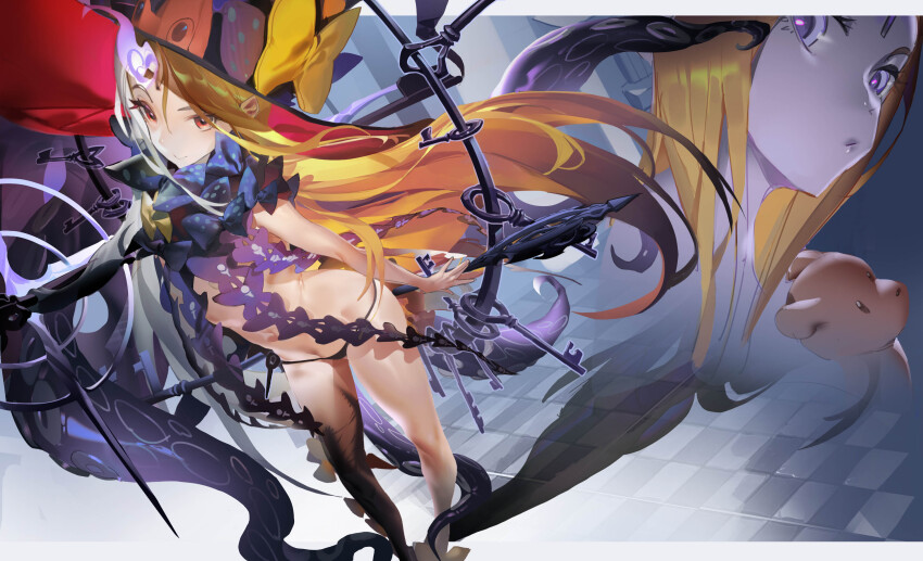 1girl abigail_williams_(fate) abigail_williams_(third_ascension)_(fate) absurdres black_panties blonde_hair expressionless fate/grand_order fate_(series) flat_chest hat highres lfpwrk0vlocrzl4 long_hair looking_at_viewer multiple_views panties purple_eyes red_eyes revealing_clothes smile stuffed_animal stuffed_toy teddy_bear tentacles underwear very_long_hair witch_hat