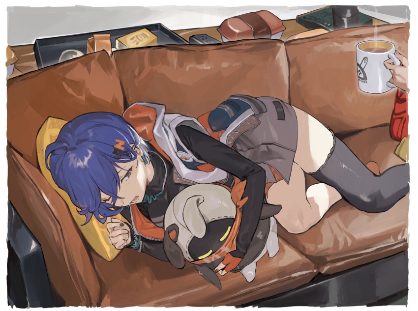 1girl bangboo_(zenless_zone_zero) belle_(zenless_zone_zero) black_shirt black_thighhighs blue_hair couch crossed_bangs eous_(zenless_zone_zero) gloves grey_skirt hair_ornament half-closed_eye hashibiro_kou_(garapiko_p) highres hugging_object letter_hair_ornament on_couch open_mouth orange_gloves shirt single_thighhigh skirt sleeping sleeveless sleeveless_jacket solo_focus thighhighs zenless_zone_zero