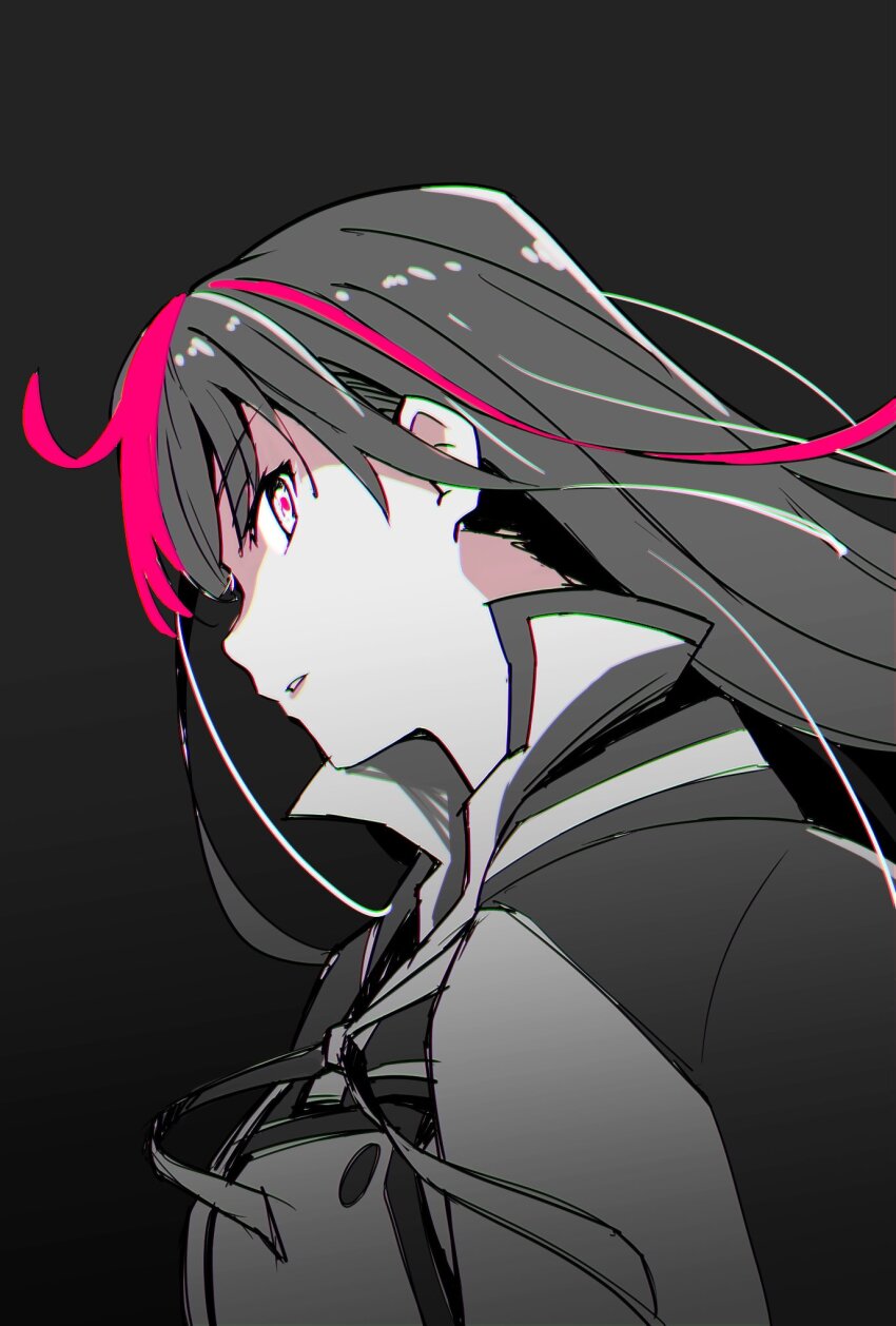 1girl black_hair commentary_request from_side grey_background highres inago_akira jacket long_hair looking_at_viewer minoseki_gakuin_uniform monochrome multicolored_hair neck_ribbon parted_lips pink_eyes red_hair ribbon sasaki_mitsuru school_uniform shaded_face simple_background solo streaked_hair toji_no_miko upper_body winter_uniform