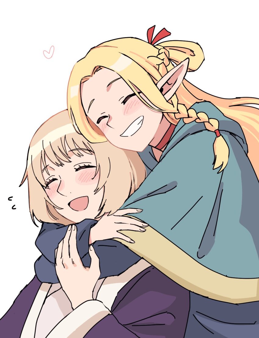 2girls ^_^ blonde_hair blue_capelet blue_dress braid capelet closed_eyes commentary couple dress dungeon_meshi elf falin_touden happy heart highres hoyon hug hug_from_behind long_hair marcille_donato multiple_girls open_mouth pointy_ears short_hair side_braid simple_background smile teeth white_background yuri