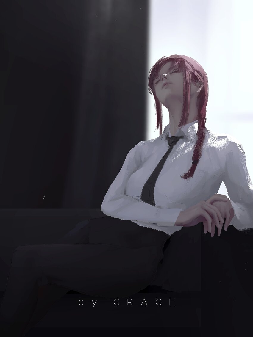 1girl absurdres artist_name black_necktie black_pants braid chainsaw_man closed_eyes closed_mouth collared_shirt couch formal_clothes graceart0518 highres indoors long_hair makima_(chainsaw_man) necktie on_couch pant_suit pants red_hair shirt single_braid sitting solo suit white_shirt