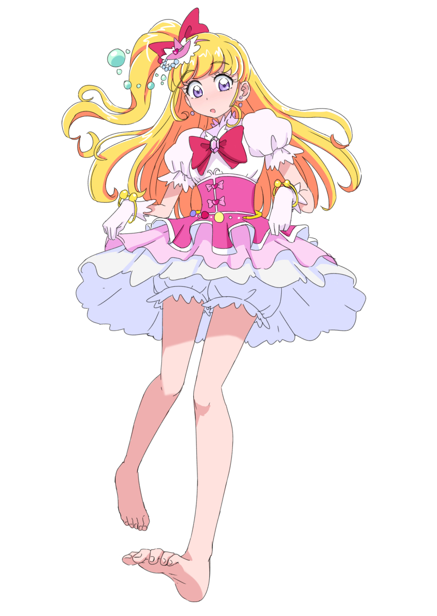 1girl asahina_mirai barefoot blonde_hair blush bow bowtie bracelet brooch cure_miracle earrings gloves hair_bow hakuino_hakase hat jewelry long_hair magical_girl mahou_girls_precure! mini_hat mini_witch_hat one_side_up open_mouth pink_hat precure puffy_short_sleeves puffy_sleeves purple_eyes red_bow red_bowtie short_sleeves solo two-tone_dress white_background white_gloves witch_hat