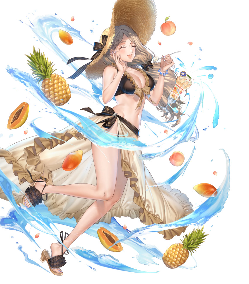 1girl bare_shoulders bikini blonde_hair blush bracelet breasts cleavage closed_eyes collarbone cup female_focus fingernails fire_emblem fire_emblem:_three_houses fire_emblem_heroes floating floating_object food frilled_bikini frills fruit full_body hat highres holding holding_spoon jewelry kippu large_breasts leg_up long_hair mango mercedes_von_martritz midriff nail_polish navel nintendo official_art open_mouth parfait peach pineapple sandals see-through_clothes smile solo spoon stomach straw_hat swimsuit toenails transparent_background water