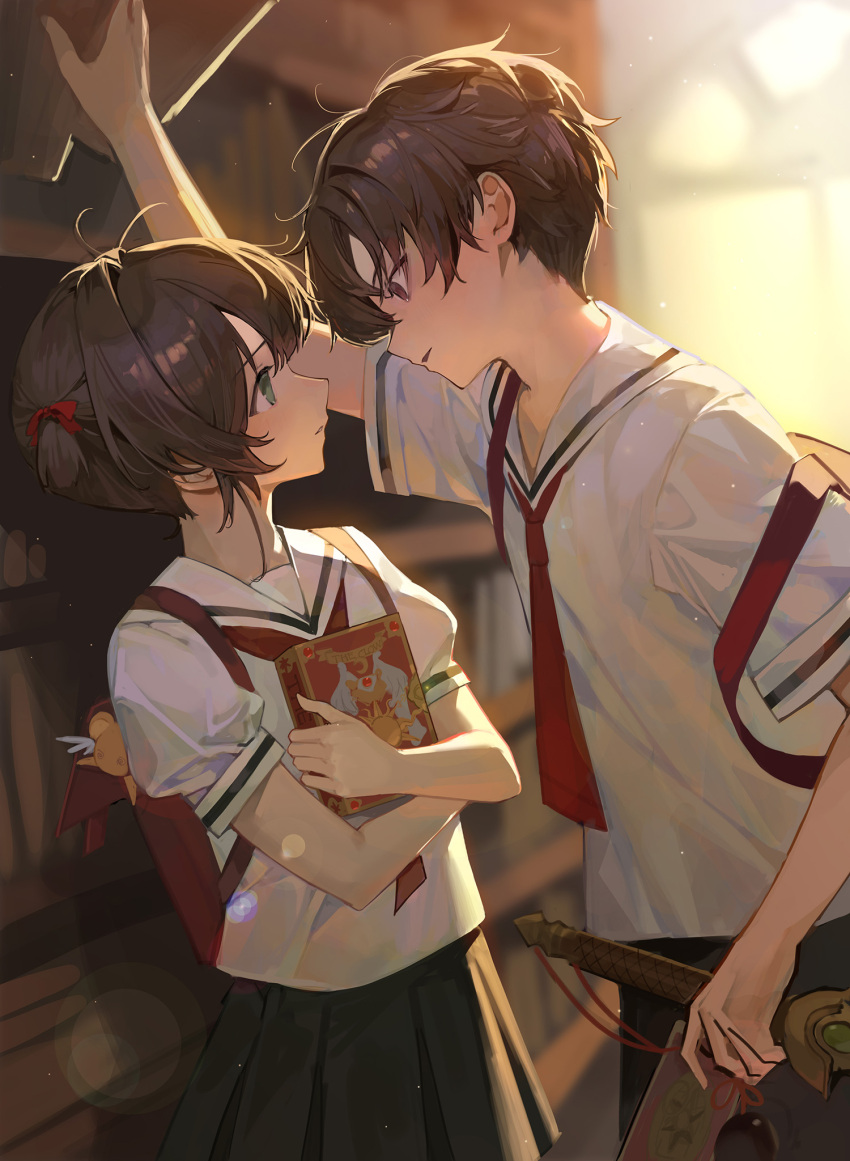 1boy 1girl backpack bag black_skirt book brown_eyes brown_hair cardcaptor_sakura chyoel closed_mouth couple cowboy_shot eye_contact face-to-face green_eyes hair_intakes height_difference hetero highres holding holding_book indoors kabedon kinomoto_sakura li_syaoran library looking_at_another parted_lips pleated_skirt puffy_short_sleeves puffy_sleeves randoseru school_uniform shirt short_hair short_sleeves skirt tomoeda_elementary_school_uniform white_shirt