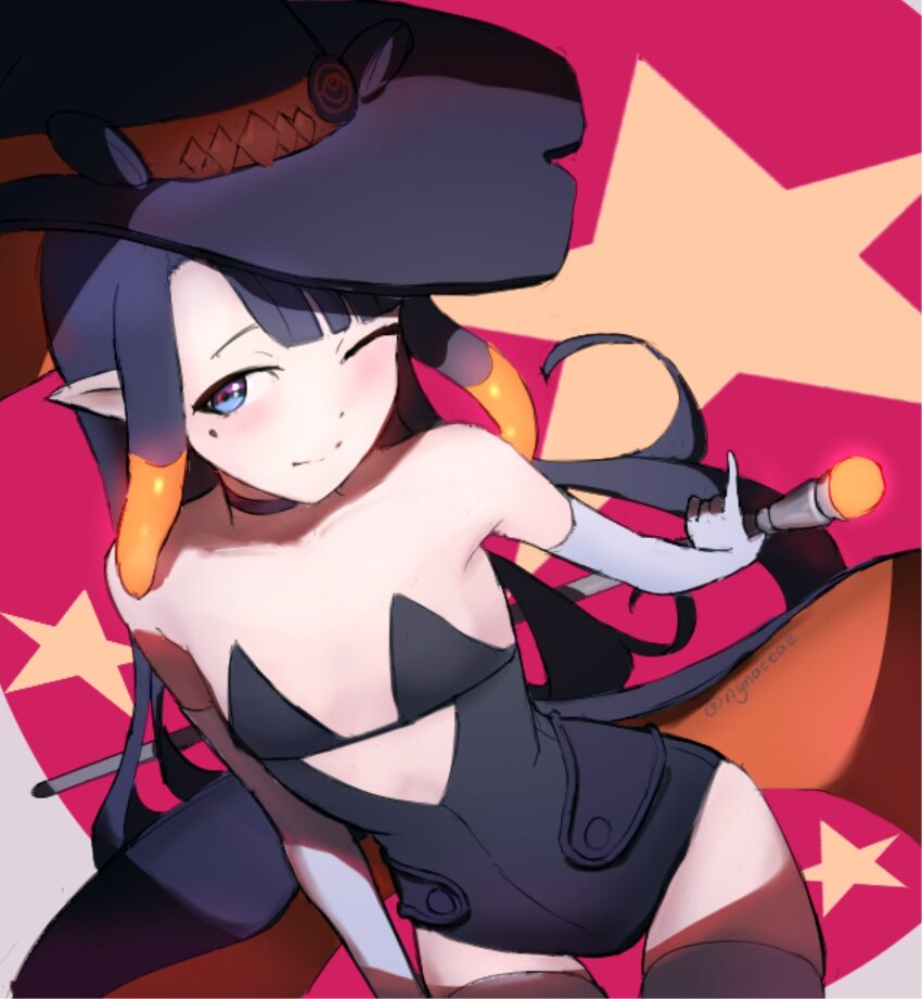 1girl black_hair black_hat black_leotard blue_eyes cane choker elbow_gloves flat_chest gloves grey_gloves hat highres holding holding_cane hololive hololive_english leotard long_hair mole mole_under_eye multicolored_hair ninomae_ina&#039;nis nynaceae one_eye_closed orange_hair purple_choker solo tentacle_hair two-tone_hair virtual_youtuber witch_hat