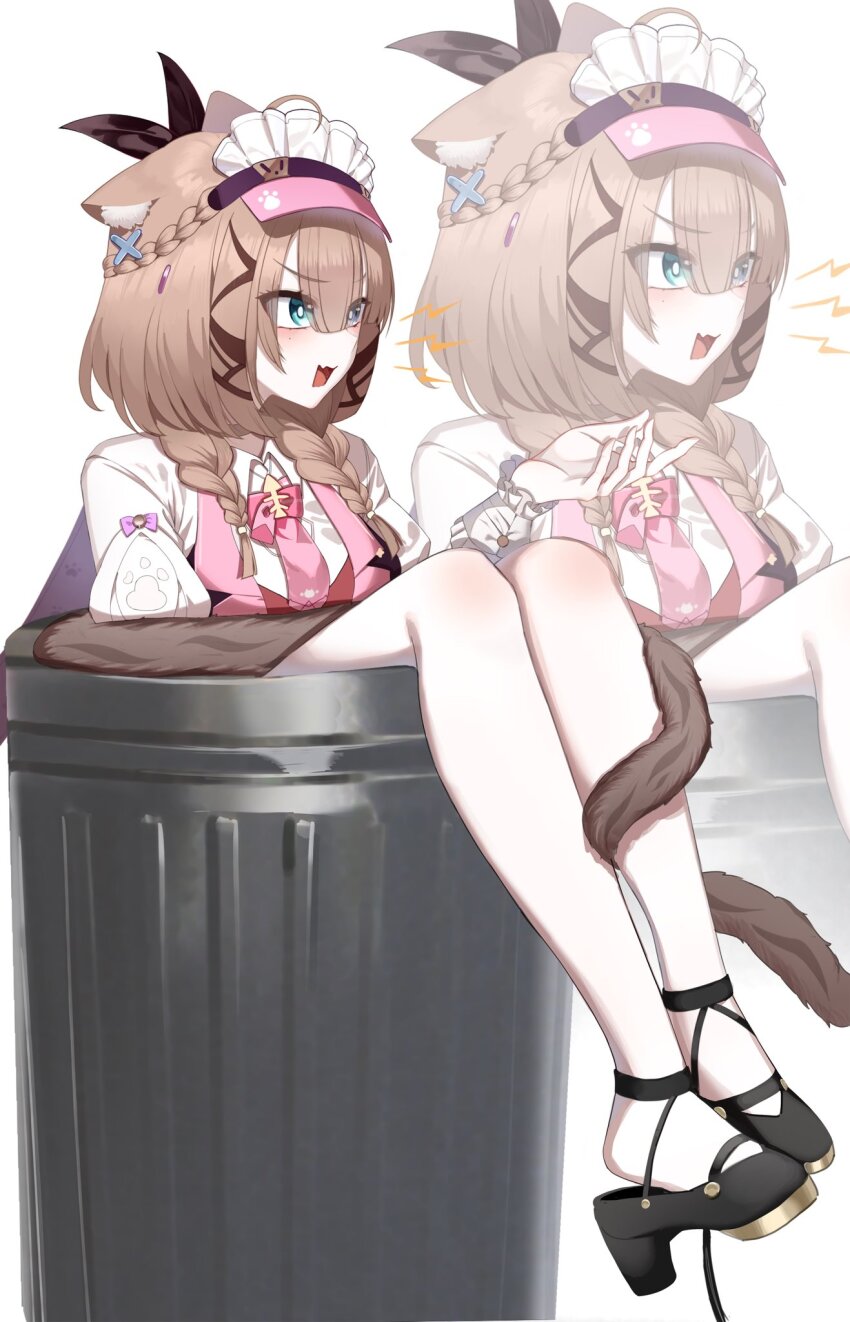 1girl animal_ears black_footwear blue_eyes braid brown_hair cat_ears cat_girl cat_tail commentary fang green_eyes highres honkai_(series) honkai_impact_3rd in_container in_trash_can lightning_bolt_symbol maid_headdress open_mouth pardofelis pardofelis_(meowtose_macchiato) skin_fang symbol-only_commentary tail tail_around_own_leg trash_can twin_braids visor_cap you_x0o_47 zoom_layer