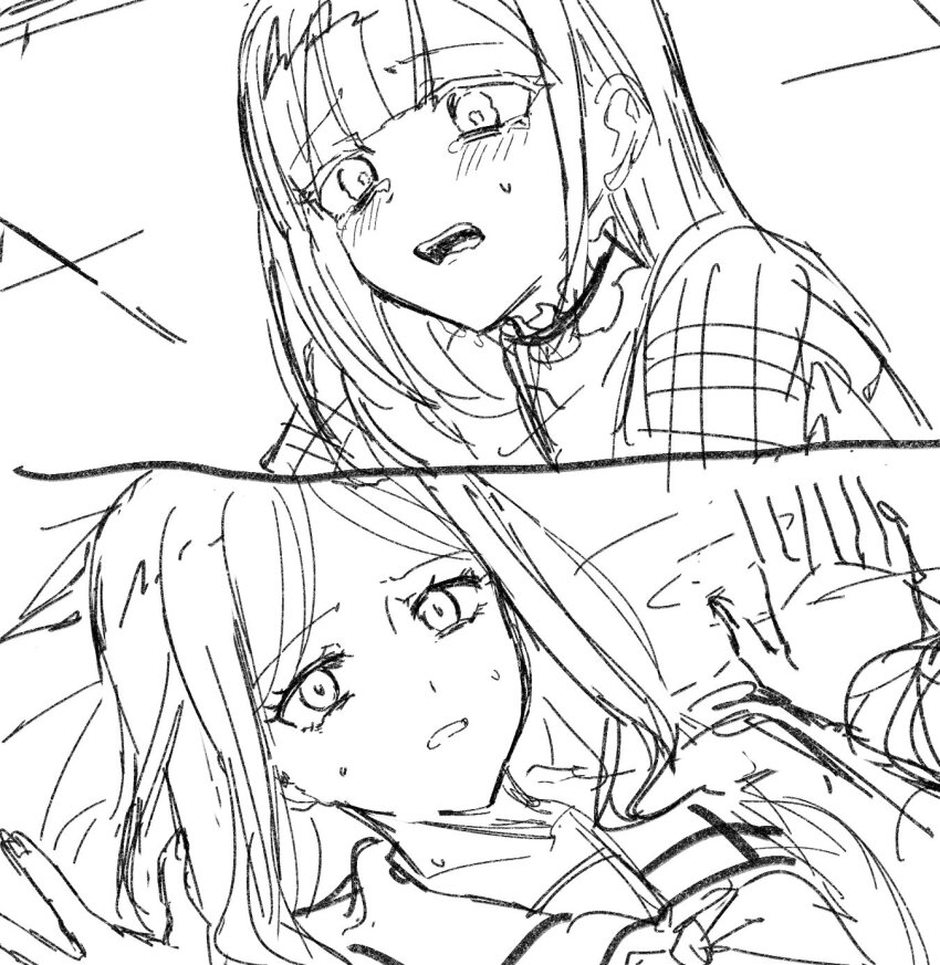 2girls aoki_shizumi bang_dream! bang_dream!_it&#039;s_mygo!!!!! choker commentary_request crying crying_with_eyes_open frilled_choker frills greyscale highres long_hair monochrome mortis_(bang_dream!) multiple_girls nagasaki_soyo open_mouth school_uniform sidelocks sketch sweat tears tsukinomori_school_uniform wakaba_mutsumi yuri