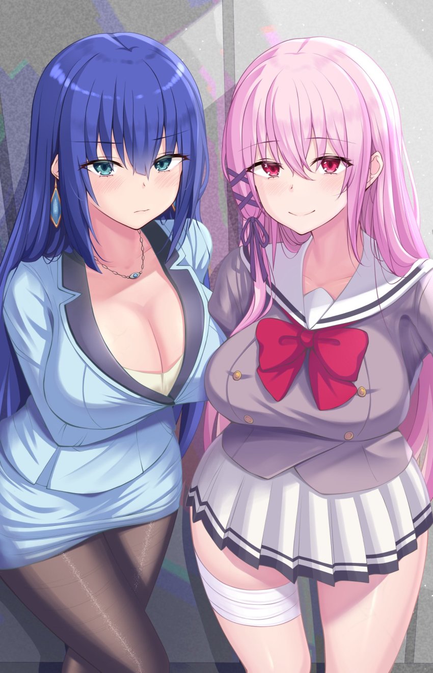 2girls blue_eyes blue_hair blush breasts business_suit chin_gero cleavage earrings engage_kiss formal highres jewelry kisara_(engage_kiss) large_breasts long_hair looking_at_viewer multiple_girls pantyhose pencil_skirt ribbon school_uniform skirt suit yuugiri_ayano