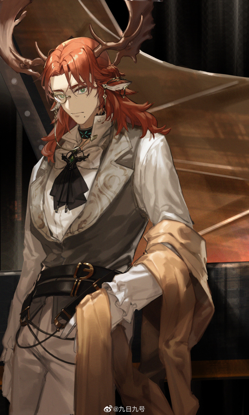 1boy absurdres animal_ears antlers arknights artist_name ascot belt belt_buckle black_ascot buckle closed_mouth collar cowboy_shot czerny_(arknights) deer_antlers deer_boy deer_ears frilled_sleeves frills green_eyes grey_vest highres horns infection_monitor_(arknights) instrument jiuri_jiuhao long_hair long_sleeves looking_at_viewer male_focus monocle pants piano red_hair shirt solo thick_eyebrows v-shaped_eyebrows vest weibo_watermark white_pants white_shirt