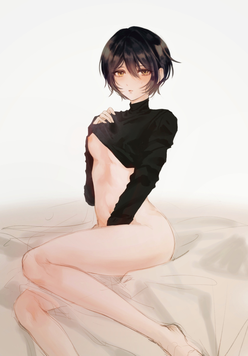 1girl absurdres bad_id bad_pixiv_id bare_legs barefoot bed_sheet black_hair black_sweater blush bottomless breasts brown_eyes closed_mouth clothes_lift commentary_request d4dj full_body giraffe_three hair_between_eyes hand_up highres long_sleeves looking_at_viewer mixed-language_commentary miyake_aoi navel nipples short_hair sitting sketch small_breasts solo sweat sweater sweater_lift white_background