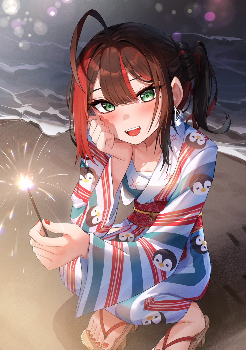 1girl ahoge blush brown_hair bu_leike colored_inner_hair commentary_request crescent crescent_earrings earrings elbow_on_knee fireworks green_eyes head_rest highres hizuki_yui holding holding_fireworks japanese_clothes jewelry kimono long_hair long_sleeves looking_at_viewer mole mole_under_eye multicolored_hair nail_polish neo-porte obi one_side_up outdoors penguin_print print_kimono red_hair red_nails sandals sash smile solo sparkler squatting streaked_hair teeth toenail_polish toenails upper_teeth_only virtual_youtuber wide_sleeves