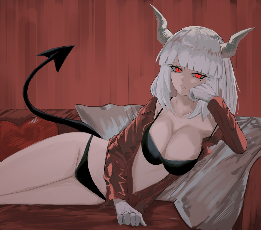 1girl absurdres black_bra black_panties bra breasts chimono17 couch covered_navel demon demon_girl demon_horns demon_tail gloves helltaker highres horns looking_at_viewer lucifer_(helltaker) lying mole mole_under_eye on_side open_clothes open_shirt panties red_background red_eyes red_shirt shirt tail thighs underwear white_gloves white_hair white_horns