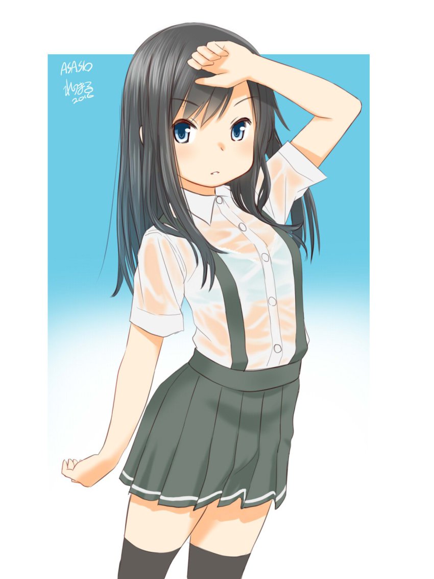 10s 1girl asashio_(kancolle) black_hair black_thighhighs blouse blue_bra blue_eyes bra breasts female_focus highres kantai_collection long_hair looking_at_viewer parted_lips pleated_skirt retsumaru school_uniform see-through_clothes shirt skirt small_breasts solo standing suspenders thighhighs underwear wet wet_clothes wet_shirt white_shirt