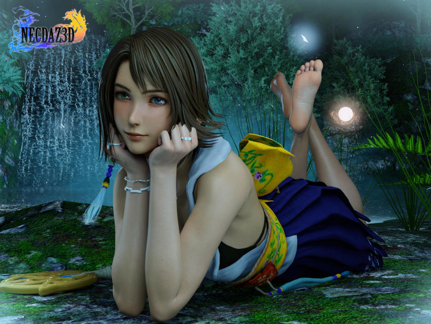 1girl barefoot brown_hair final_fantasy final_fantasy_x happy heterochromia highres leaning_forward leg_lift looking_at_viewer lying night on_stomach outdoors short_hair smile spread_legs the_pose yuna