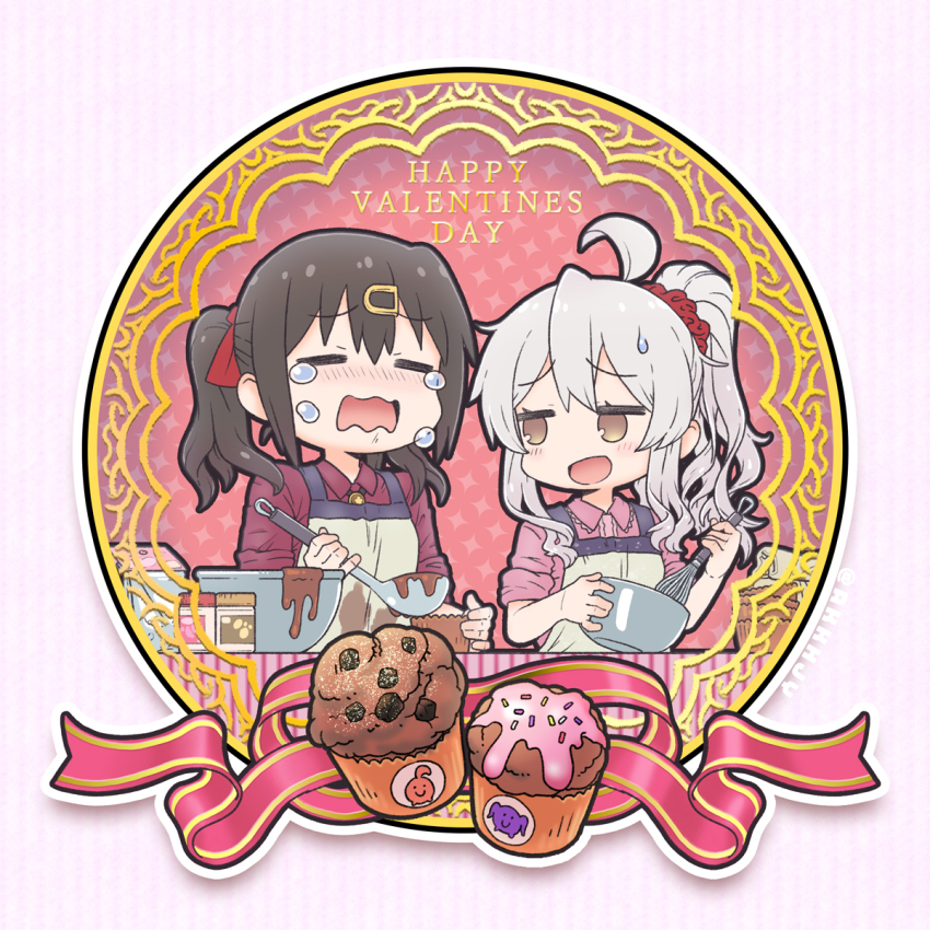 2girls :d ahoge apron black_hair blush bowl brown_eyes chocolate chocolate_making closed_eyes commentary crying cupcake food hair_ornament hair_ribbon hair_scrunchie hairclip happy_valentine highres jar ladle long_hair looking_at_another matado_(almukha) multiple_girls onii-chan_wa_oshimai! open_mouth oyama_mahiro oyama_mihari pink_shirt ponytail red_ribbon red_scrunchie red_shirt ribbon scrunchie shirt siblings sisters sleeves_rolled_up smile sweatdrop twintails valentine wavy_mouth whisk white_hair