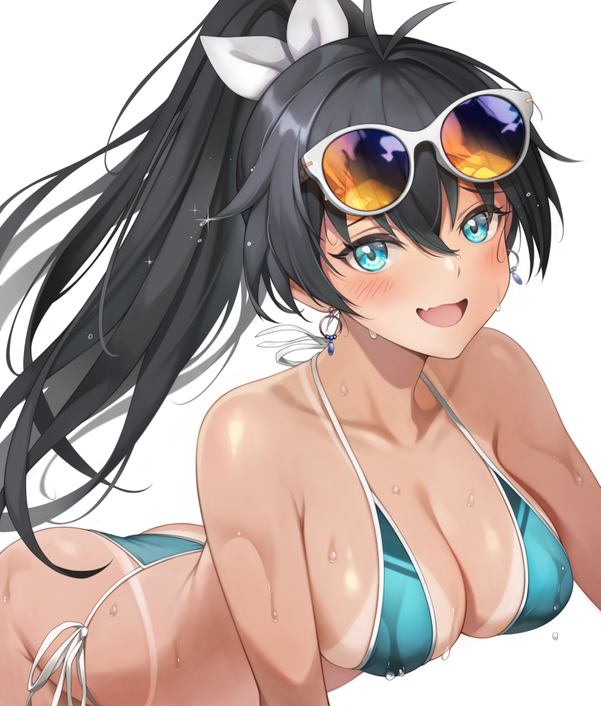 1girl absurdres antenna_hair ass bare_shoulders bikini bikini_tan black_hair blue_bikini blue_eyes blush breasts cleavage earrings eyewear_on_head fang ganaha_hibiki hair_ribbon high_ponytail highres hoop_earrings idolmaster idolmaster_(classic) idolmaster_million_live! idolmaster_million_live!_theater_days jewelry long_hair looking_at_viewer machi_(machi333) open_mouth ponytail ribbon side-tie_bikini_bottom skin_fang smile solo sweat swimsuit tan tanline